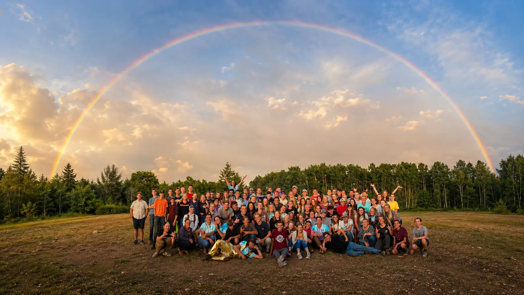 Outdoors for Youth campers gathered together under a full rainbow at camp